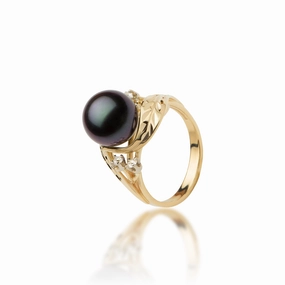 Timeless Item Maile Tahitian Black Pearl Ring in Gold with Diamonds - 9-10mm