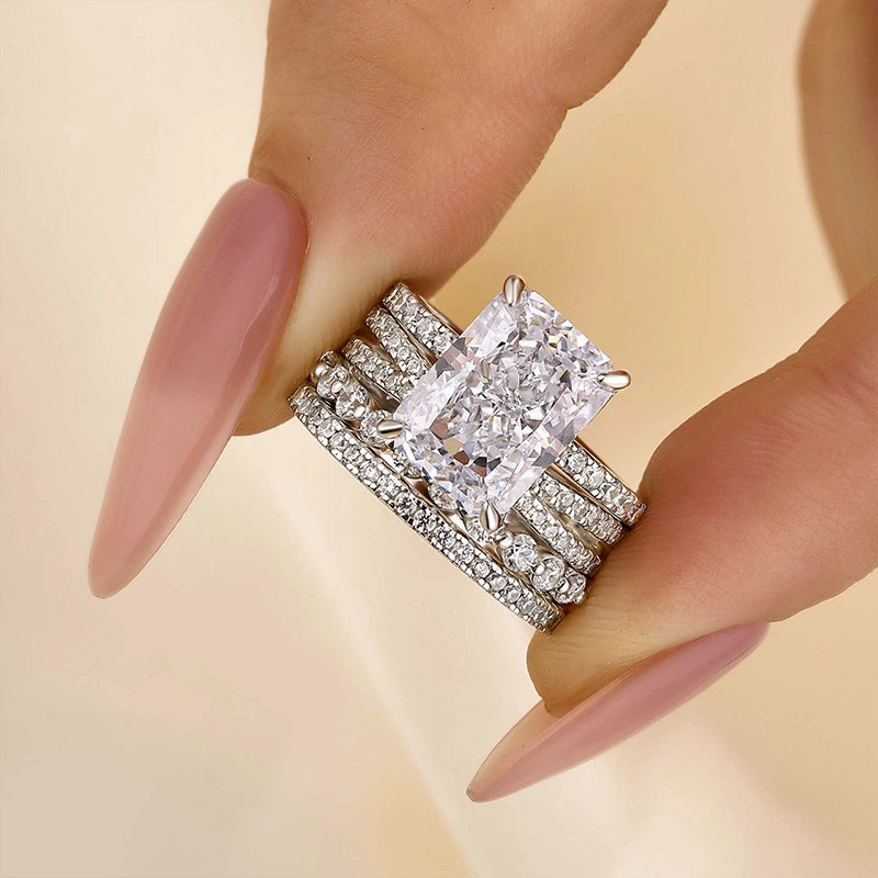 Stylish Accent Texture Play Louily 4PC Radiant Cut Wedding Ring Set With Classic Wedding Bands