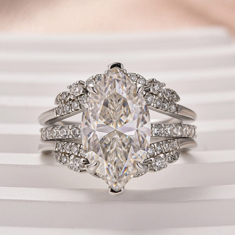 Moissanite 4.0 Ct Marquise Cut Insert Wedding Ring Set With Jacket Stack Wedding Band Dazzling Feature