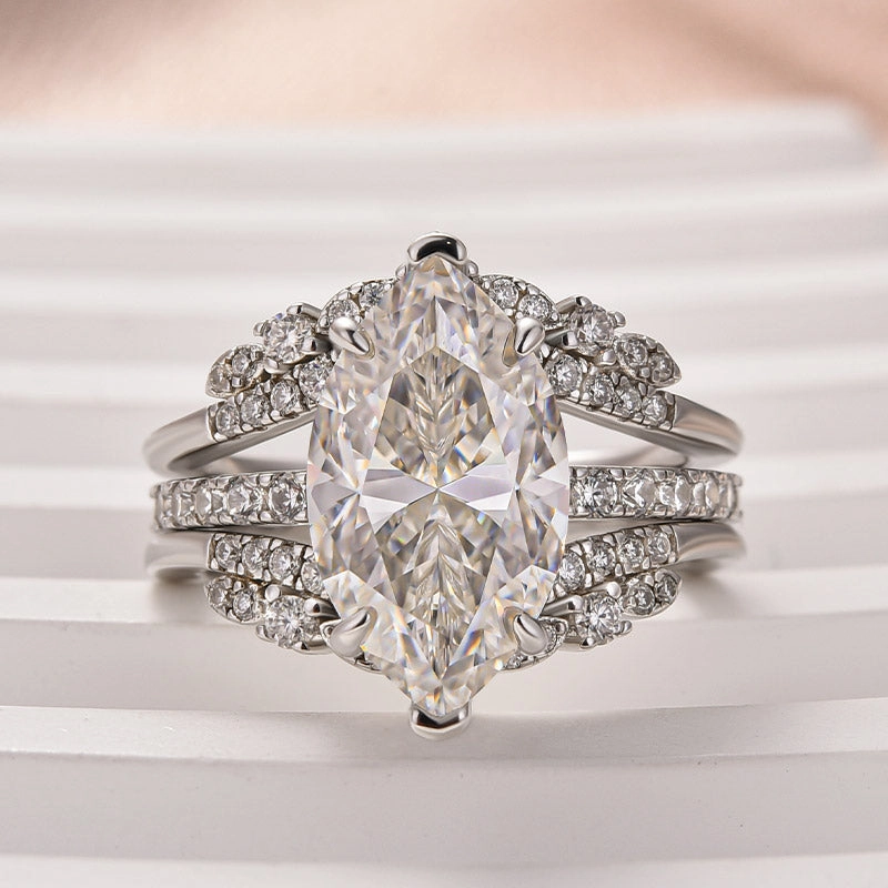 Fashion Sparkle Delicate Piece Moissanite 4.0 Ct Marquise Cut Insert Wedding Ring Set With Jacket Stack Wedding Band
