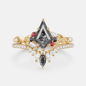 Kite Cut Black Rutilated Quartz Leafy Engagement Ring Set 2pcs - Elowen Gift For Him