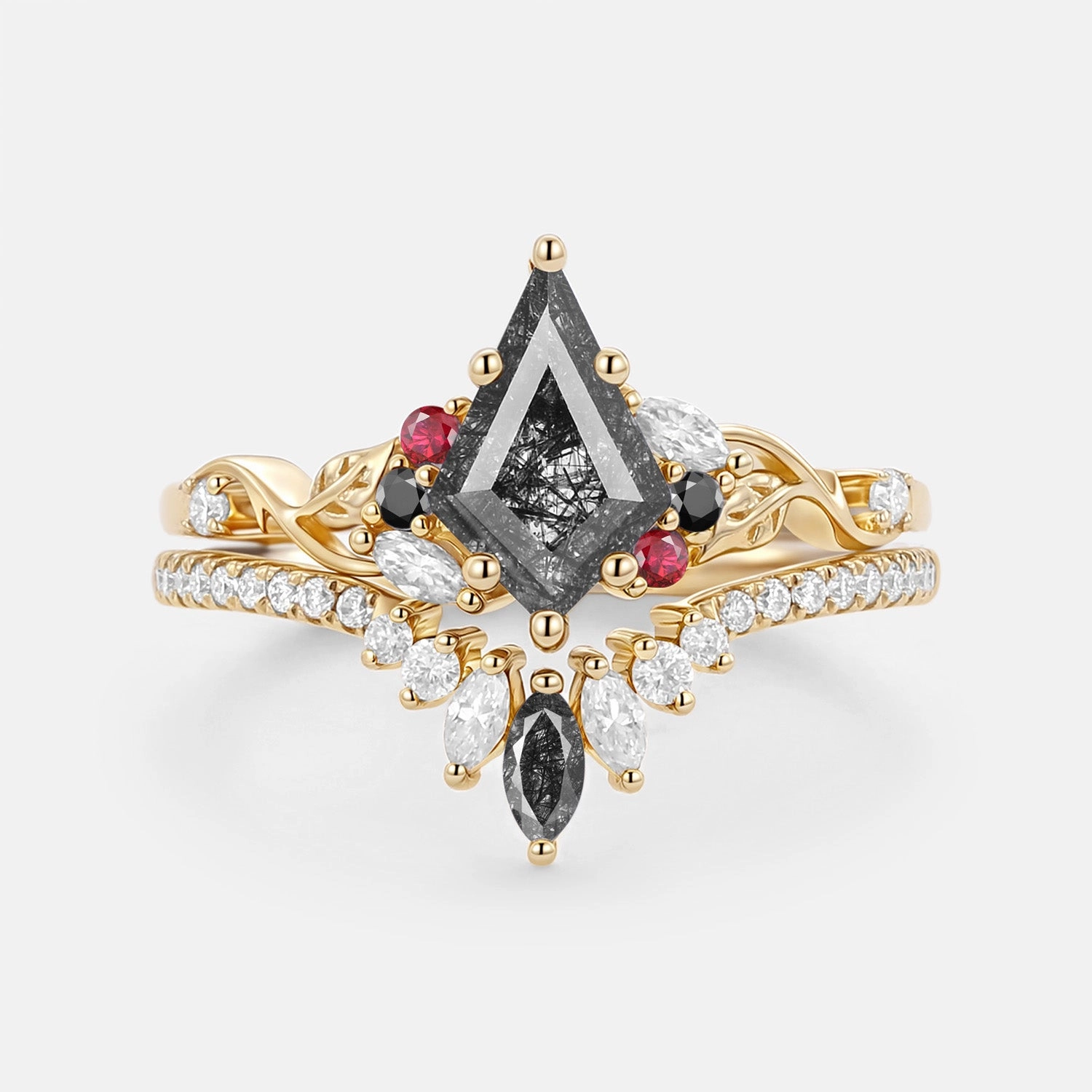 Kite Cut Black Rutilated Quartz Leafy Engagement Ring Set 2pcs - Elowen Travel Essential Vibrant Jewelry