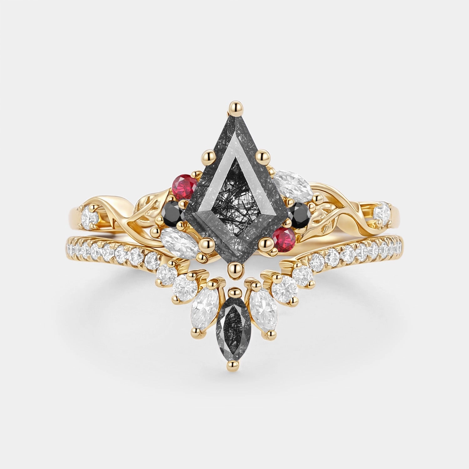 Graceful Beauty Kite Cut Black Rutilated Quartz Leafy Engagement Ring Set 2pcs - Elowen