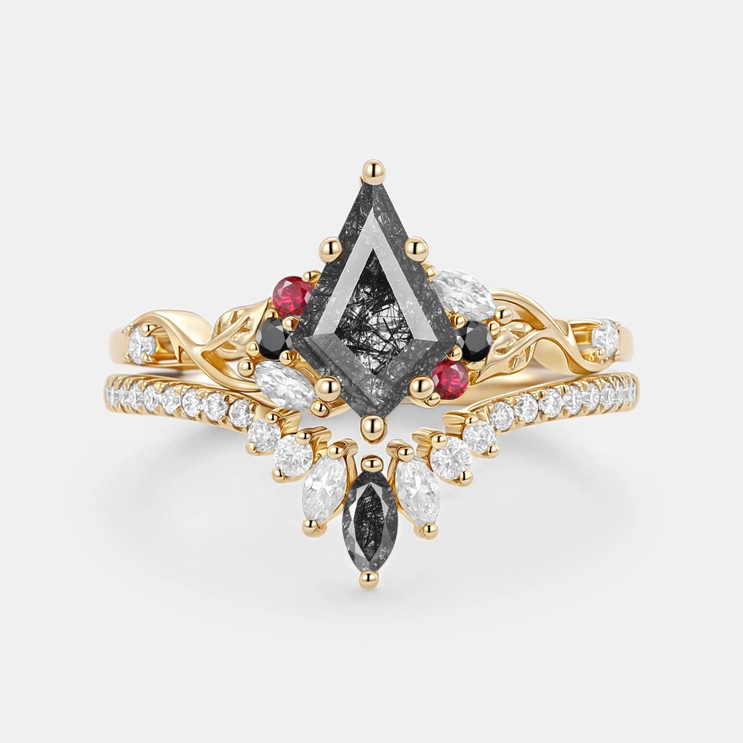 Kite Cut Black Rutilated Quartz Leafy Engagement Ring Set 2pcs - Elowen Gift For Him