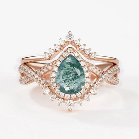 Travel Look Radiant Touch Pear Cut Moss Agate Halo Infinity Ring Set 2pcs - Valentina