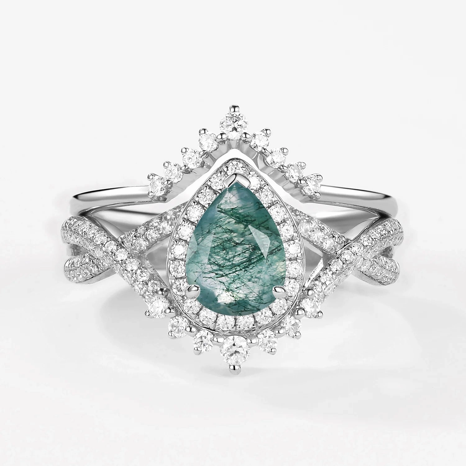 date night look Pear Cut Moss Agate Halo Infinity Ring Set 2pcs - Valentina