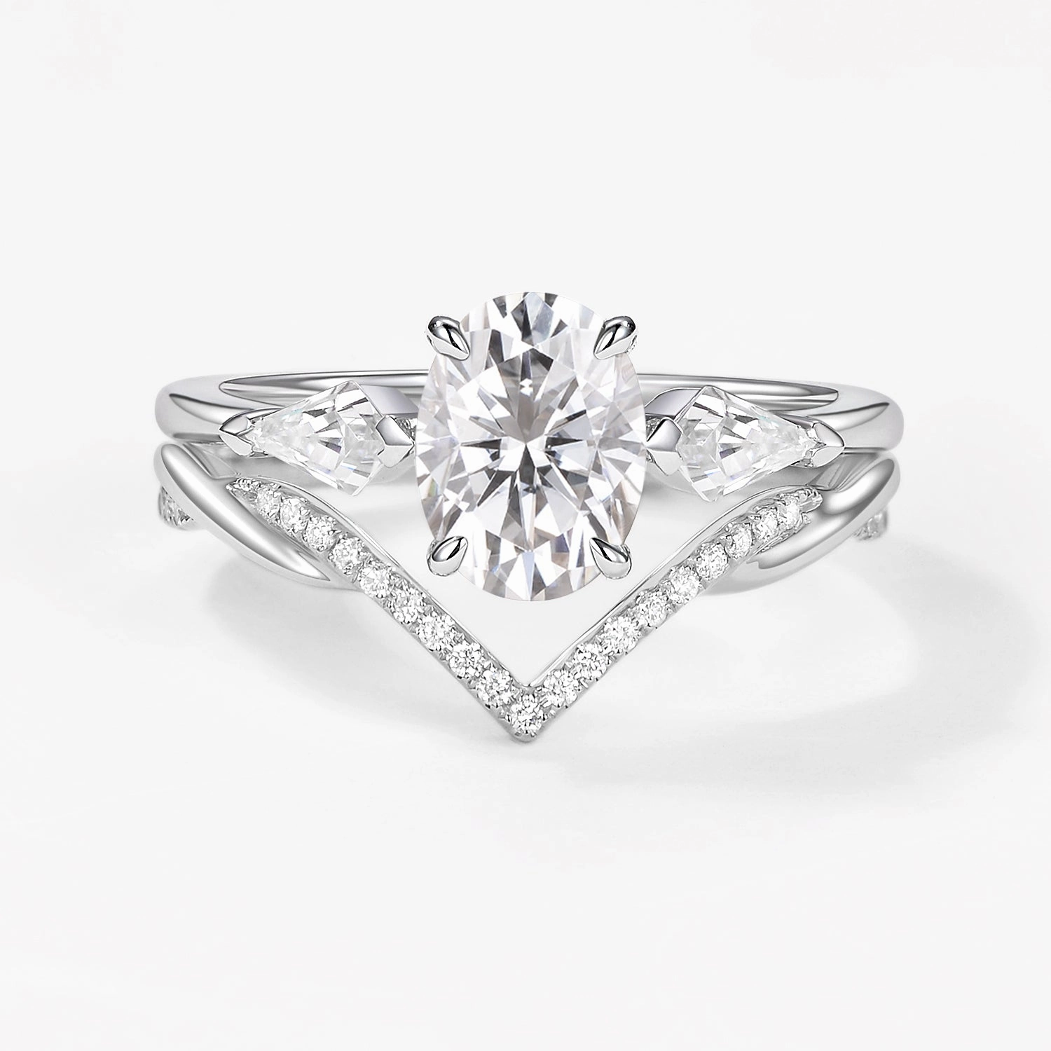 Glam Vibes Refined Craftwork Oval Cut Moss Agate Three Stone Style Ring Set 2pcs