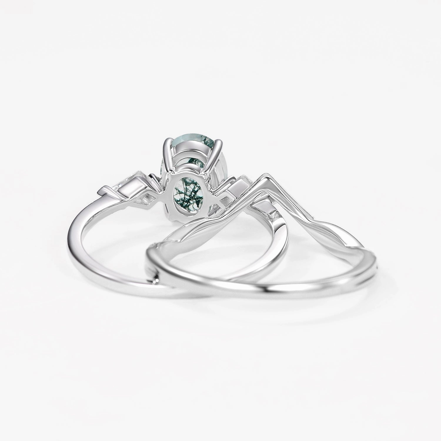 Camera Mood Neutral Spark Oval Cut Moss Agate Three Stone Style Ring Set 2pcs