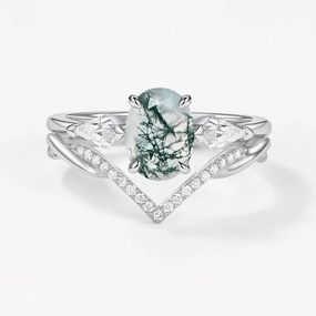 Minimalist Design Exquisite Jewelry Oval Cut Moss Agate Three Stone Style Ring Set 2pcs