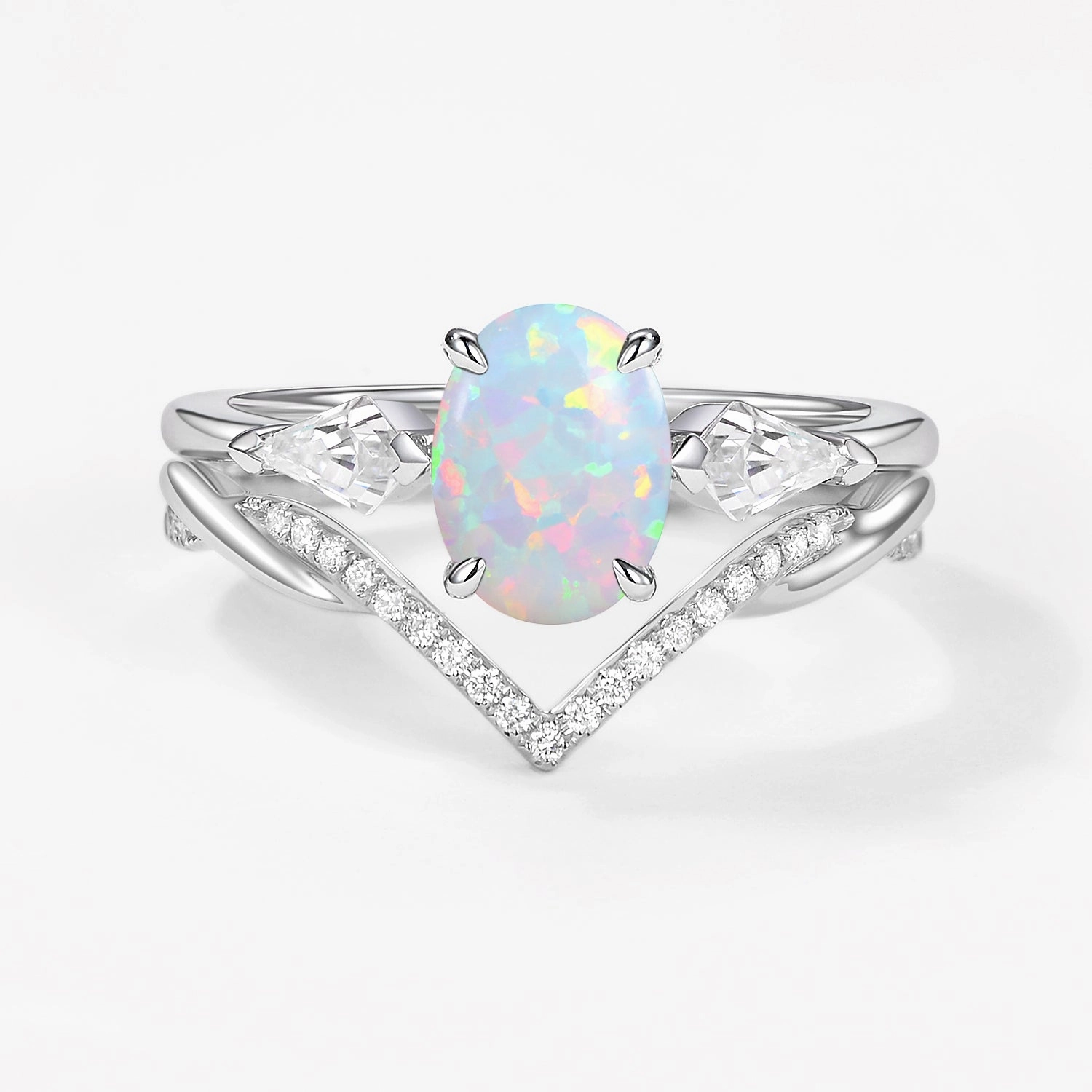 Romantic Event Sleek Sparkle Oval Cut Moss Agate Three Stone Style Ring Set 2pcs