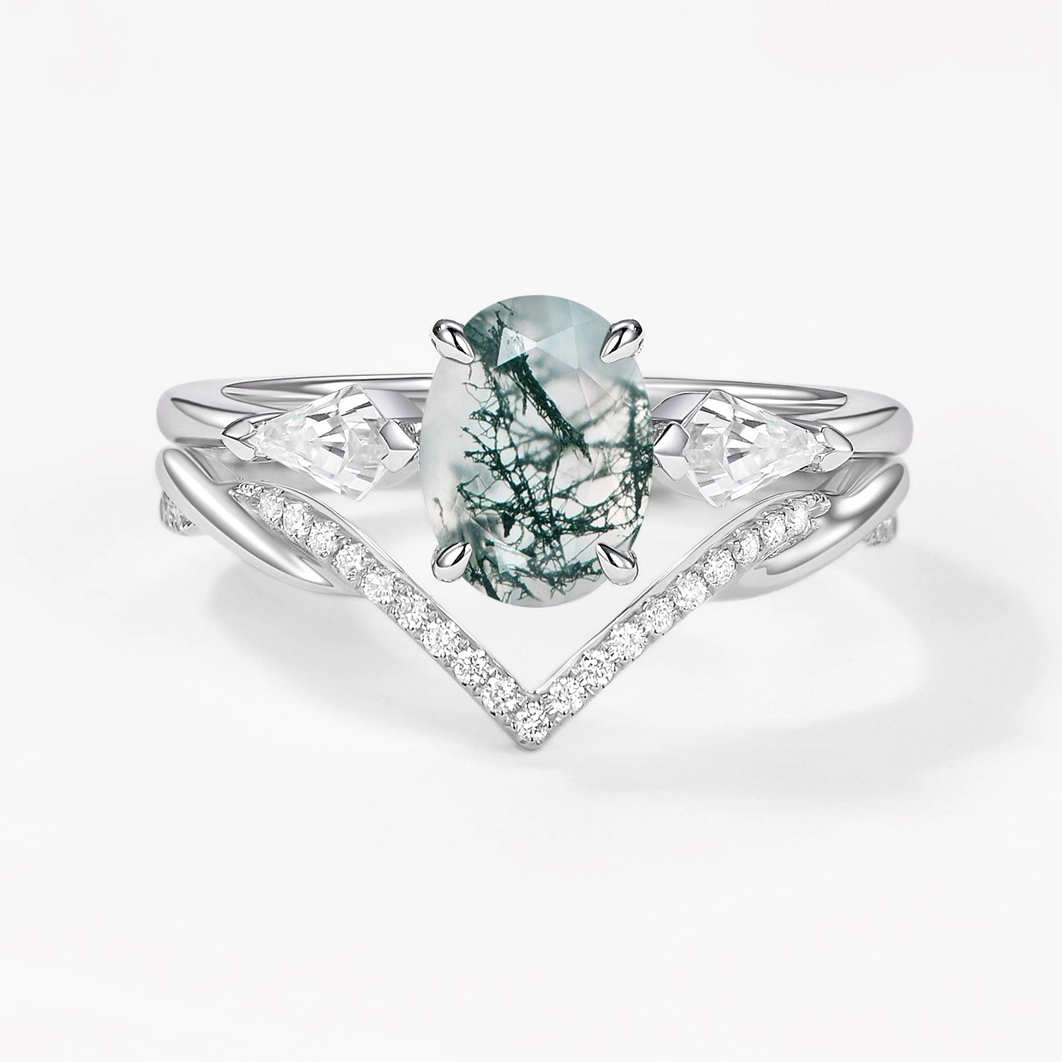 Minimalist Design Exquisite Jewelry Oval Cut Moss Agate Three Stone Style Ring Set 2pcs