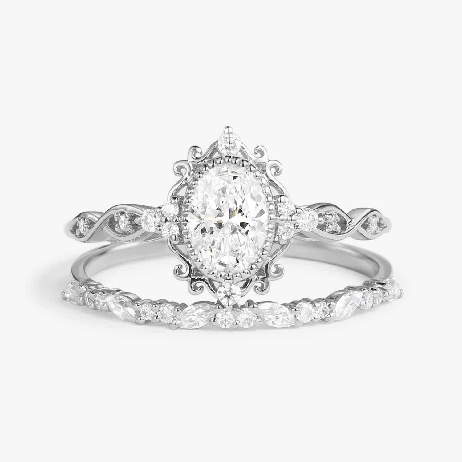 Vintage Victorian Oval Moissanite Infinity Engagement Ring Set 2pcs - Margaret Simple Layer