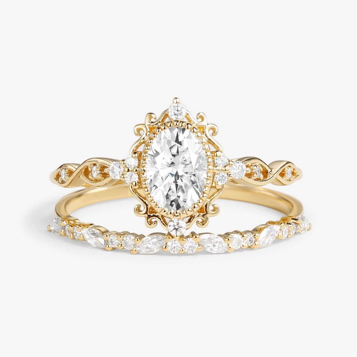 Vintage Victorian Oval Moissanite Infinity Engagement Ring Set 2pcs - Margaret Luxury Casual Radiant Embellishments