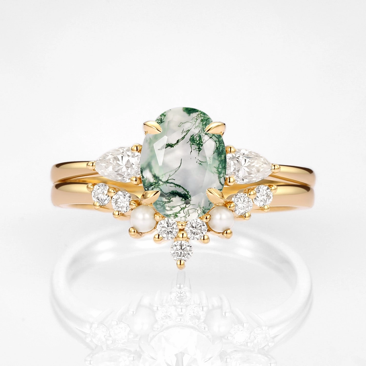 Oval Cut Moss Agate Vintage Gold Ring Set 2pcs - Nancy Glossy Accent Distinctive Glow