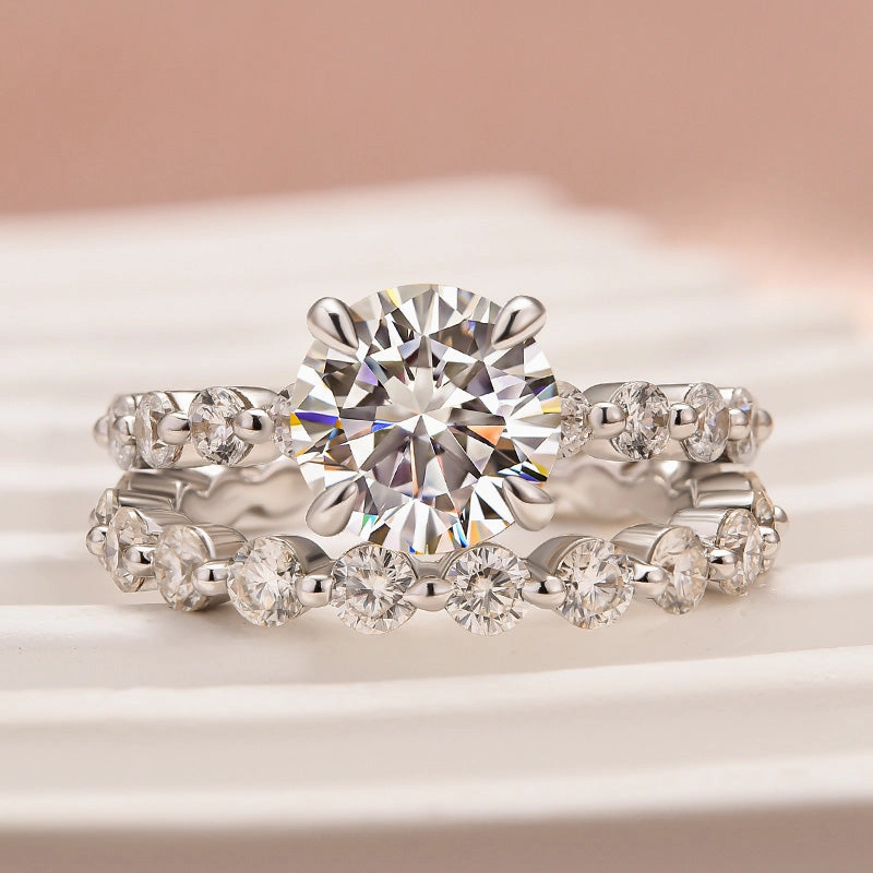 Moissanite 2.0 Carat Round Cut Wedding Ring Set With Eternity Wedding Band Charming Jewelry