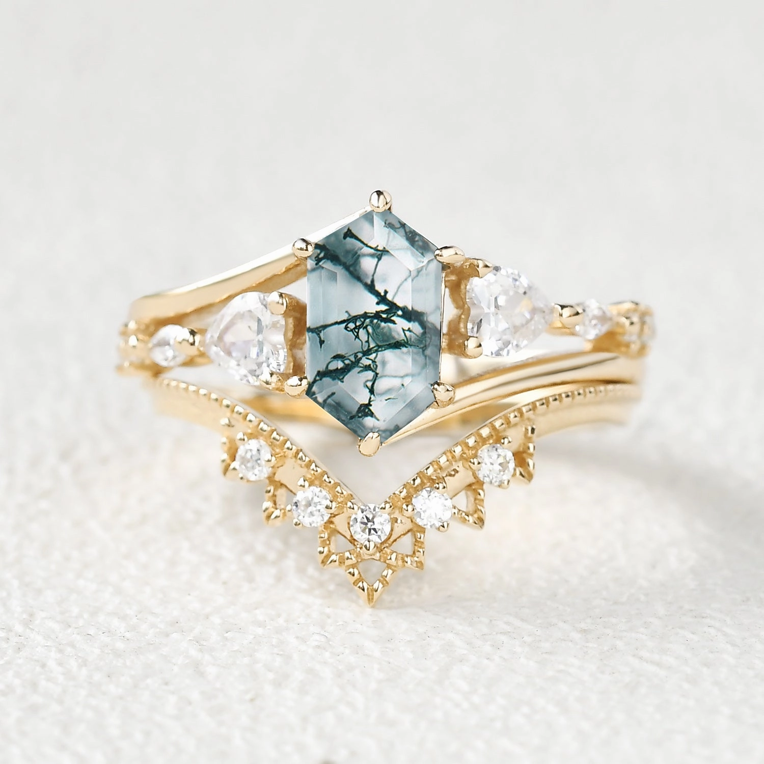 Polished Touch Hexagon Moss Agate Art-Deco Engagement Ring Set 2pcs