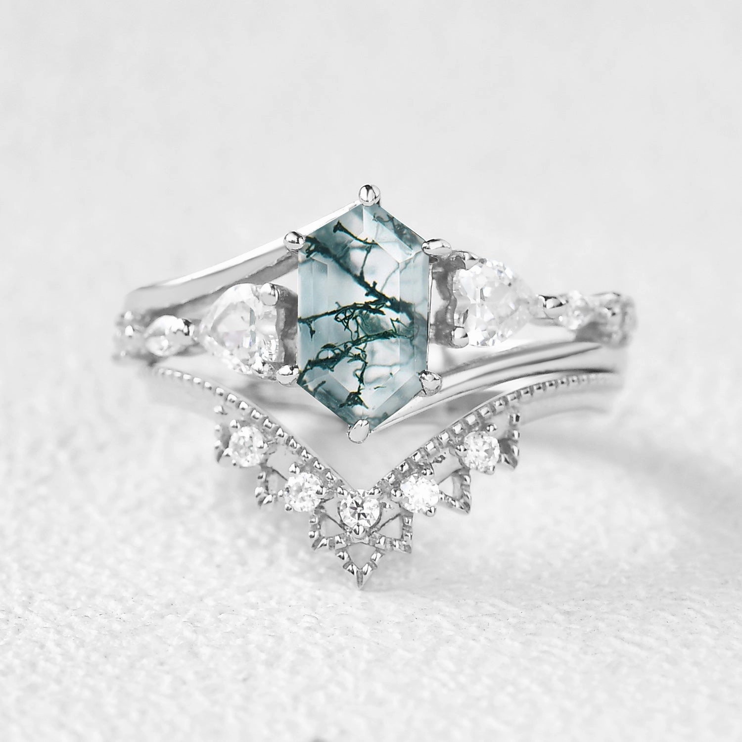 Luxury Mood Hexagon Moss Agate Art-Deco Engagement Ring Set 2pcs