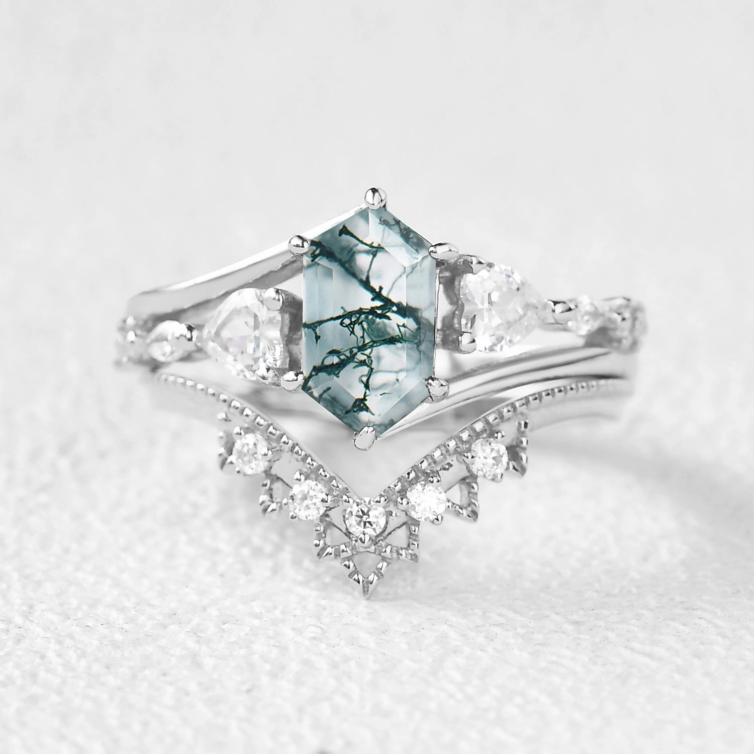 Seasonal Pairing Hexagon Moss Agate Art-Deco Engagement Ring Set 2pcs