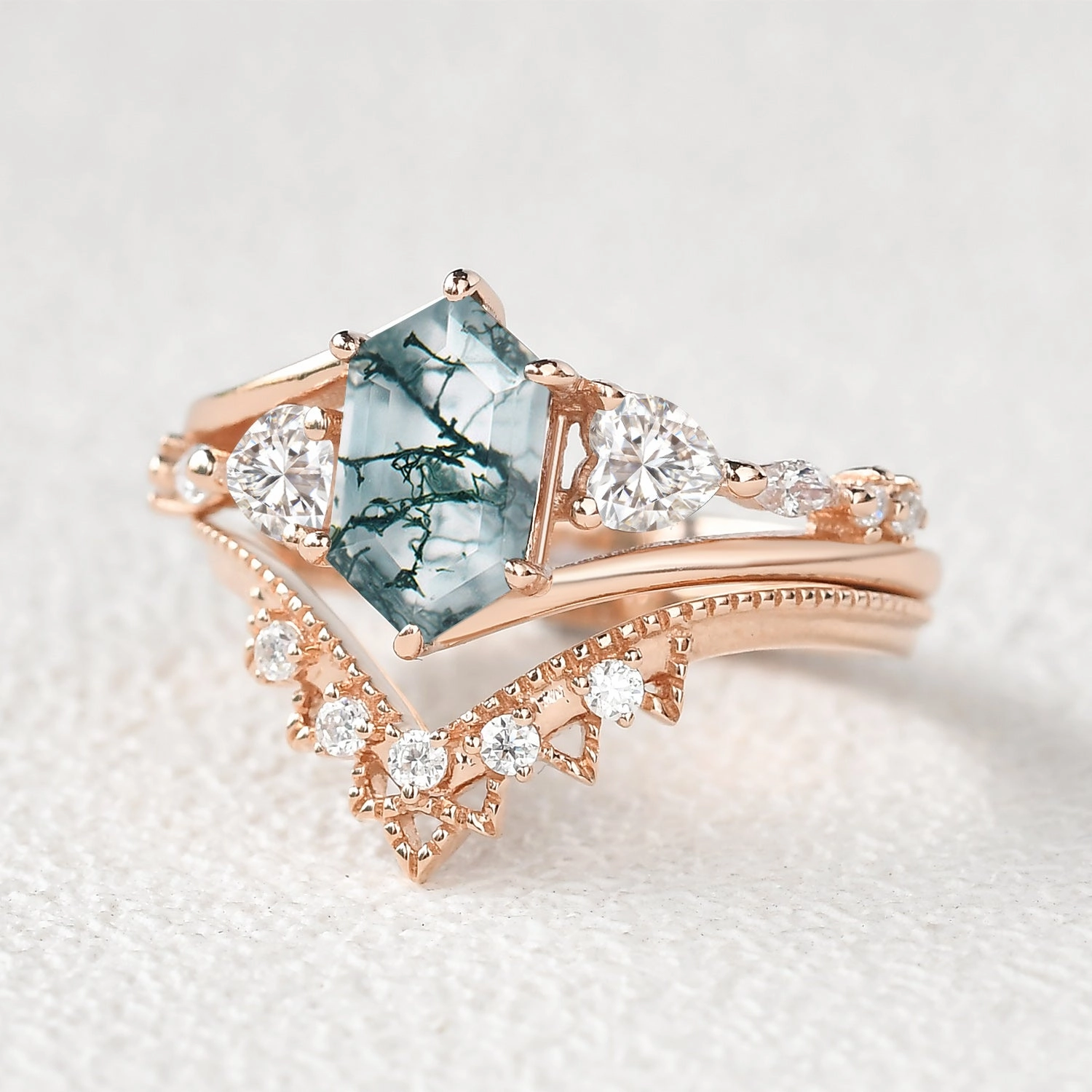 Hexagon Moss Agate Art-Deco Engagement Ring Set 2pcs Style Upgrade Glamorous Shine