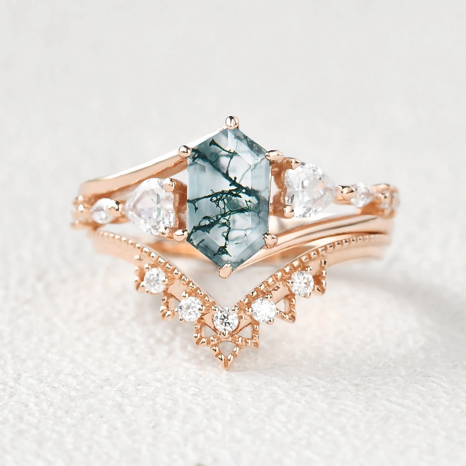 Fashion Daily Effortless Shine Hexagon Moss Agate Art-Deco Engagement Ring Set 2pcs