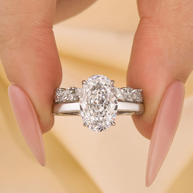 Louily Oval Cut Wedding Ring Set With Marquise Cut & Round Cut Wedding Band Radiant Finish