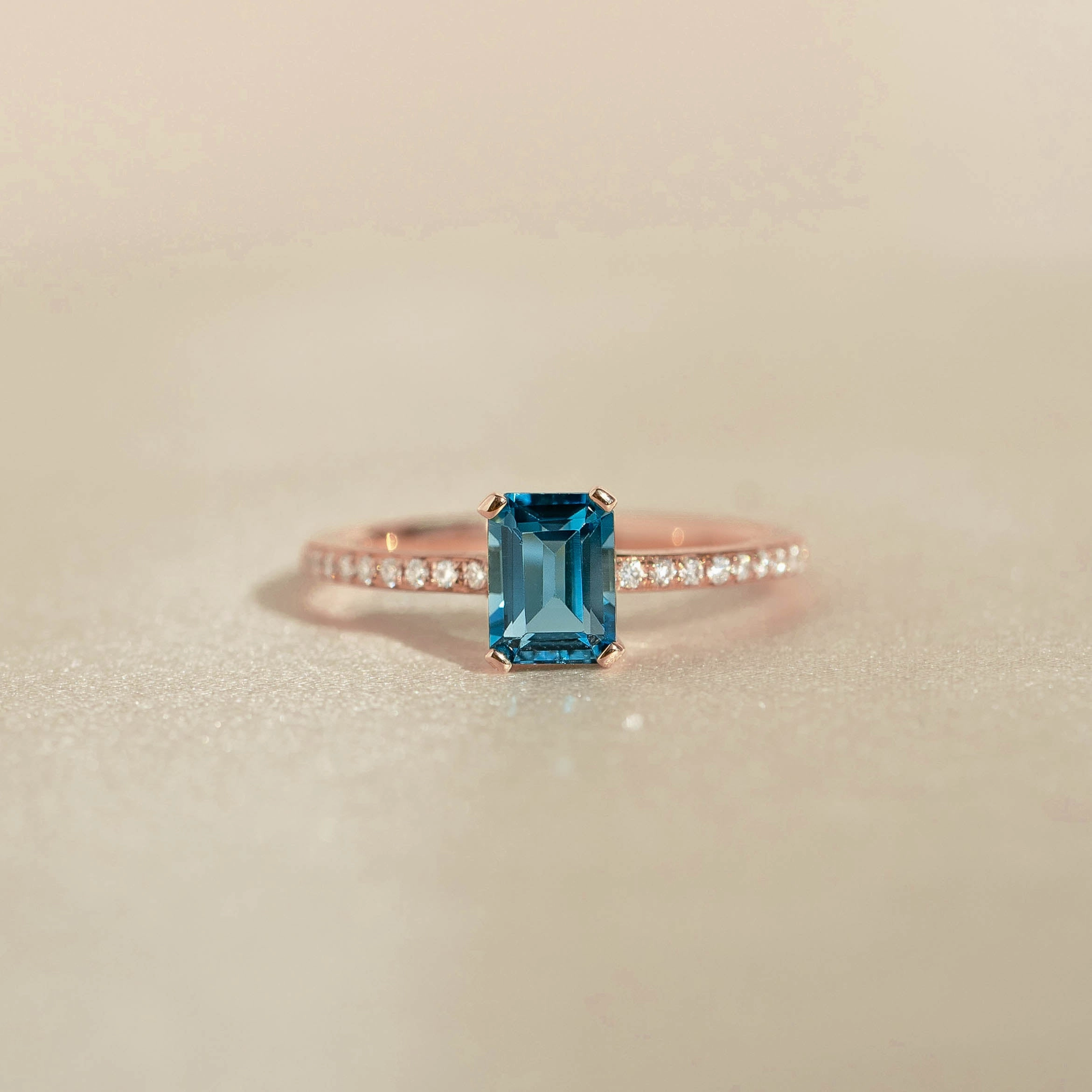 Baguette London Blue Topaz and Diamond Ring Rose Gold - Safiya Graceful Appearance