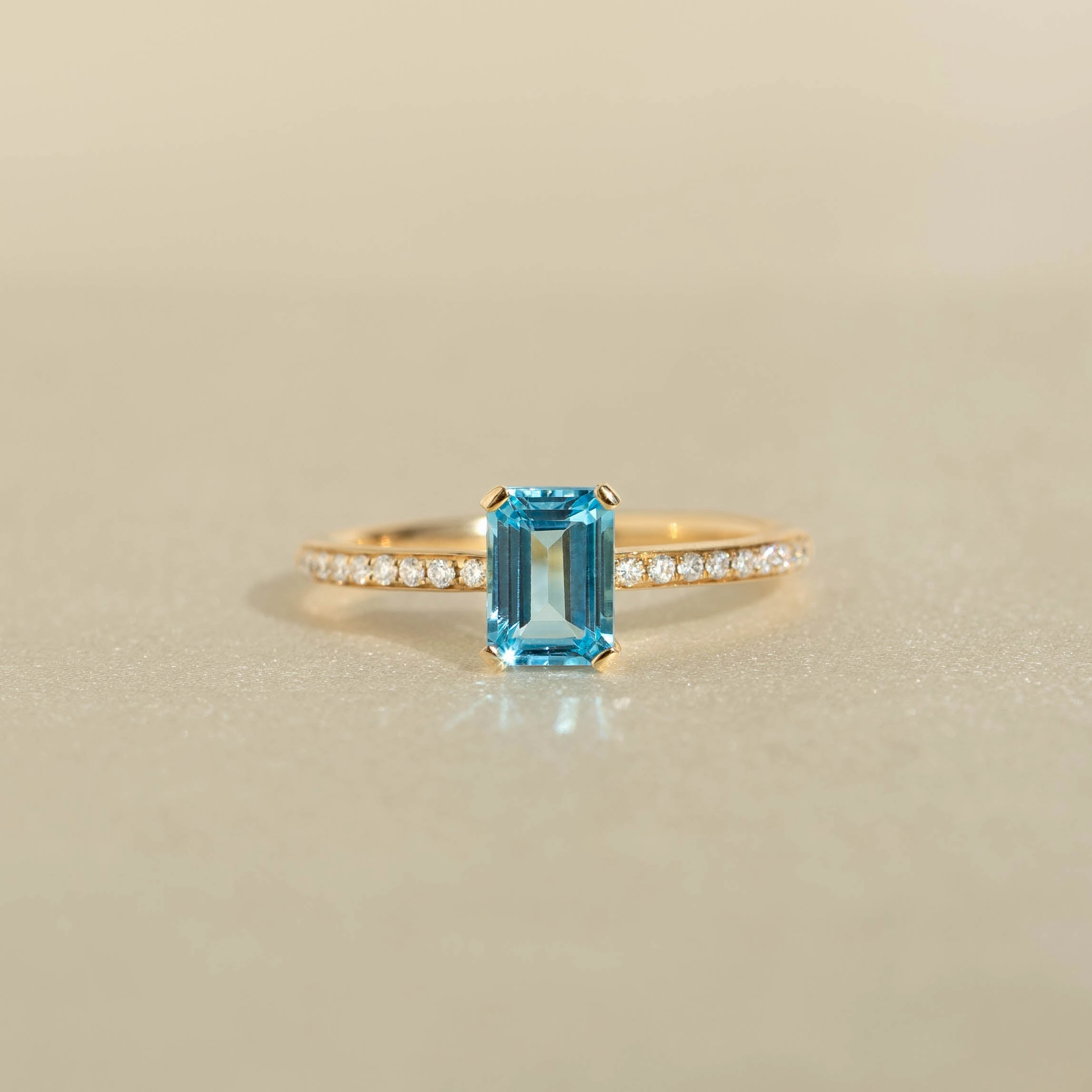 Urban Chic Machine Processed Baguette Swiss Blue Topaz and Diamond Ring 14k Gold - Safiya