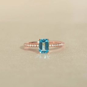 Dreamy Style Fashion feature Baguette Swiss Blue Topaz and Diamond Ring Rose Gold - Safiya