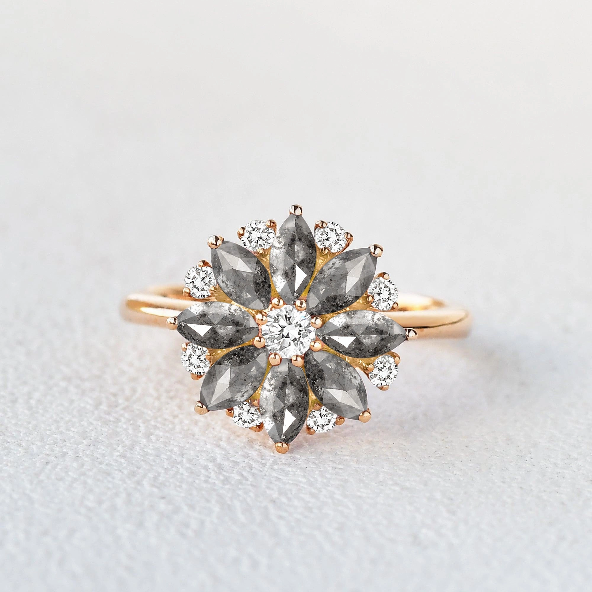 Casual Spark Glittering Sparkle Floral Inspired - Salt and Pepper Diamond Gold Ring