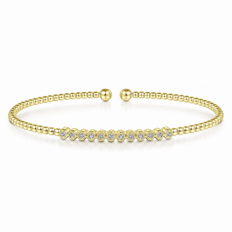 14K Yellow Gold Bujukan Bead Cuff Bracelet with Bezel Set Diamond Stations Perpetually Stylish Established Style