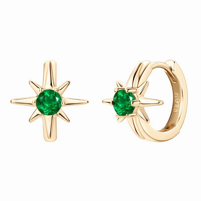 Circular Embellishment Attractive Feature Lab Grown Emerald 8-Pointed Hoop Earrings | Sterling Silver