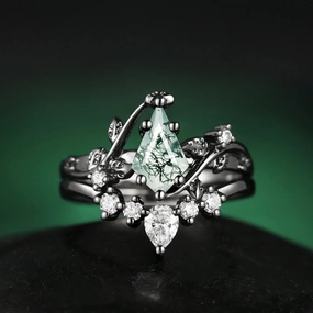 Black Gold Kite Cut Moss Agate Leafy Bridal Ring Sets 2pcs - Willow Signature Finish Celebration Look