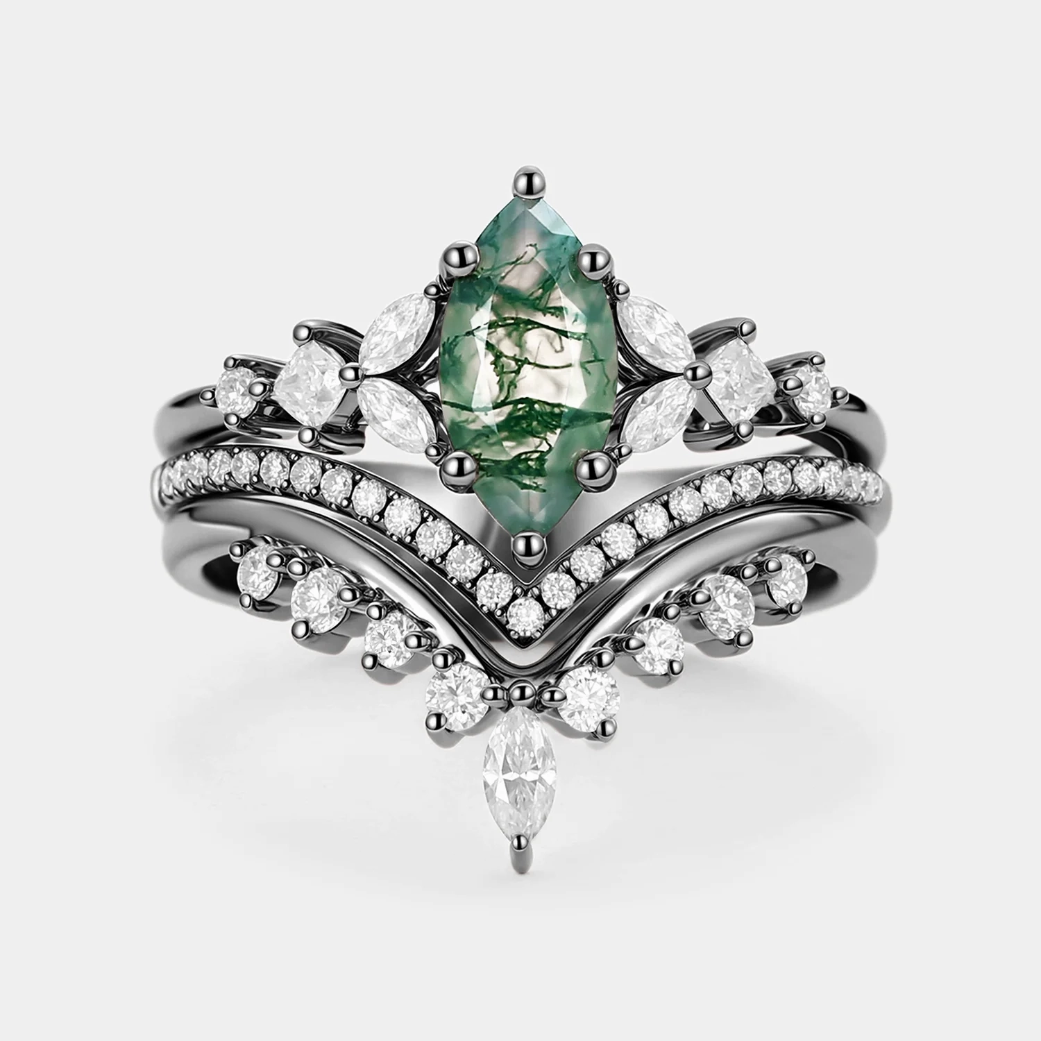 Dainty Detail Alluring Charm Black Gold Marquise Moss Agate Engagement Ring Set 3pcs