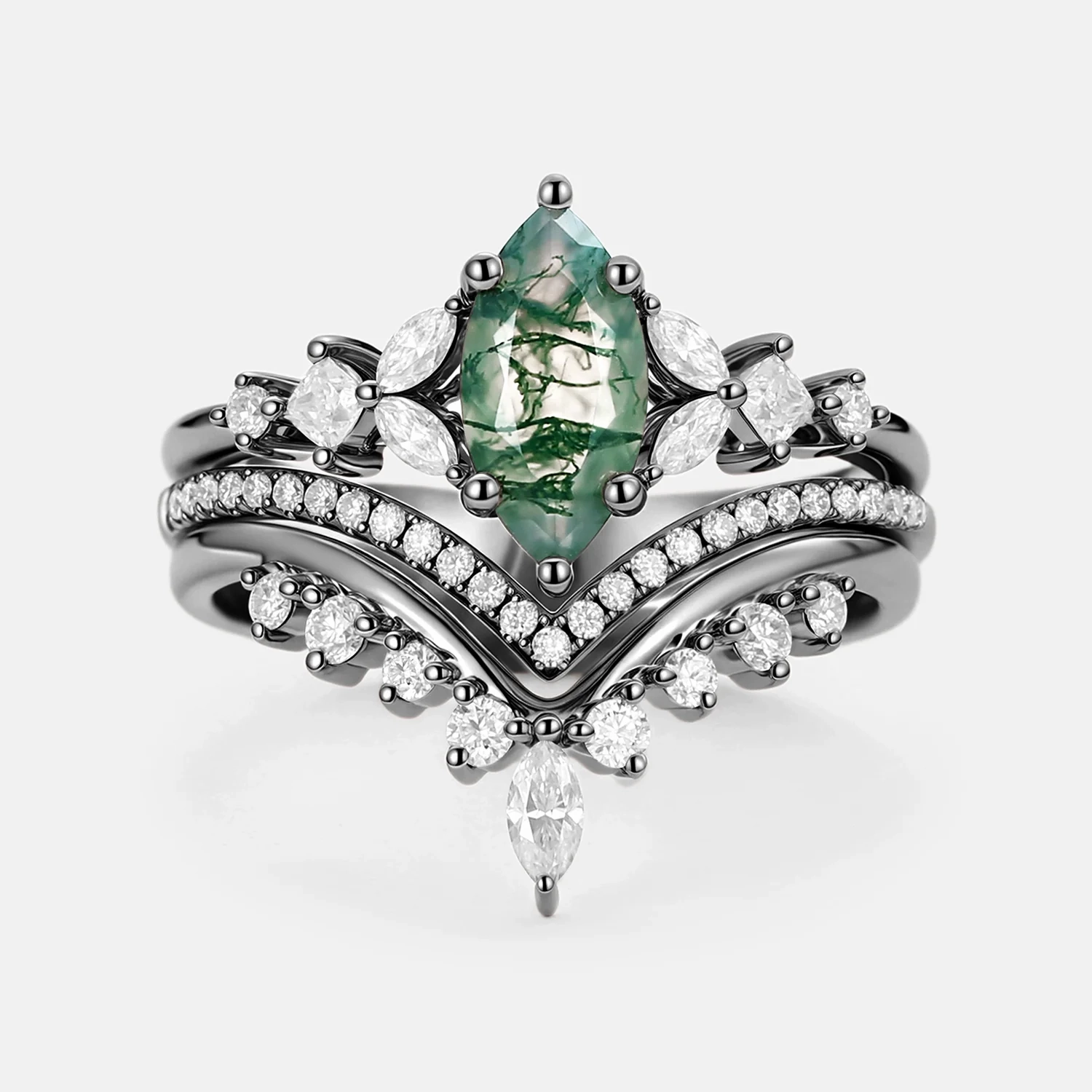 Black Gold Marquise Moss Agate Engagement Ring Set 3pcs Sleek Highlight
