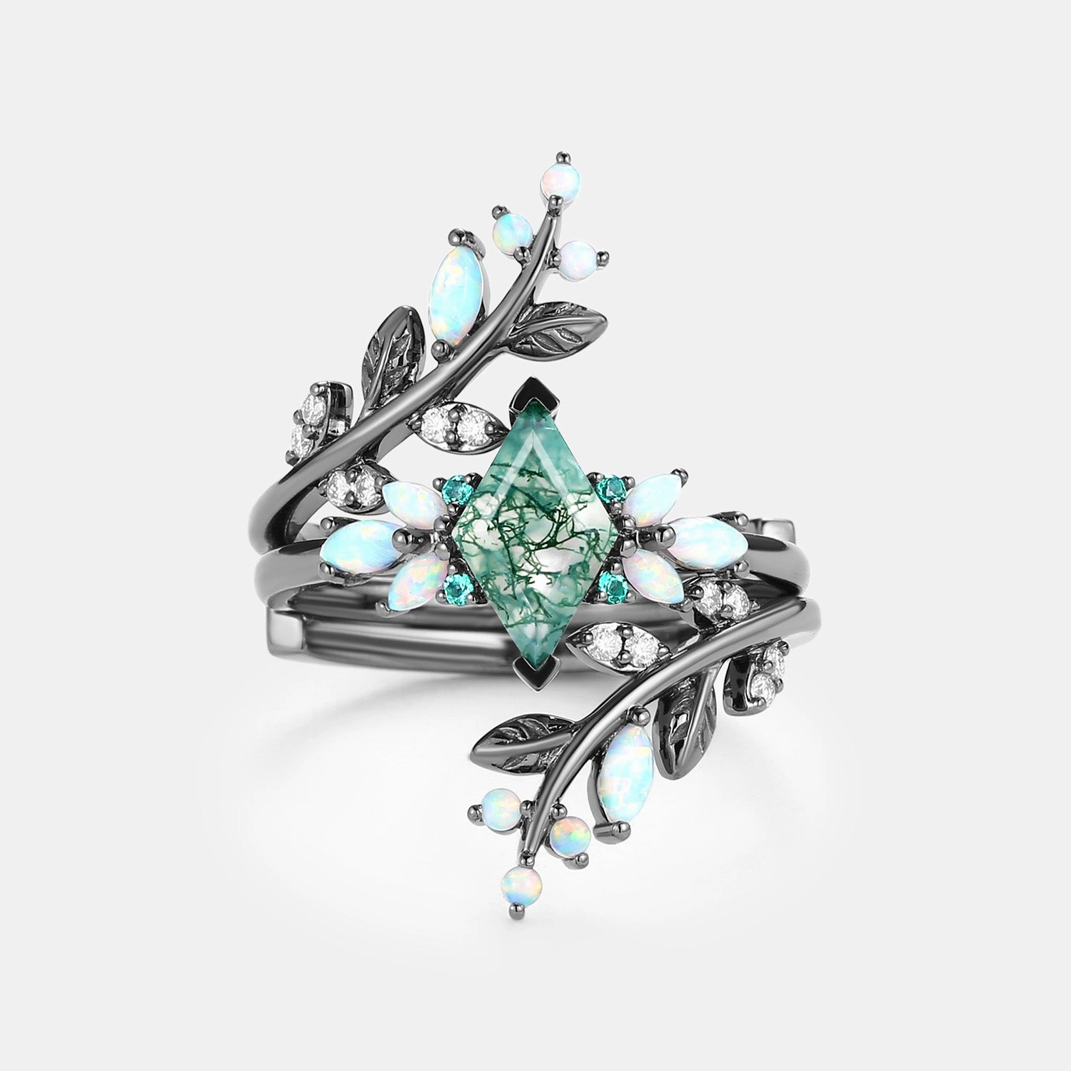 Black Gold Moss Agate & Opal & Emerald Cage Leafy Engagement Ring 2pcs - Knight Luminous Look Shining Design