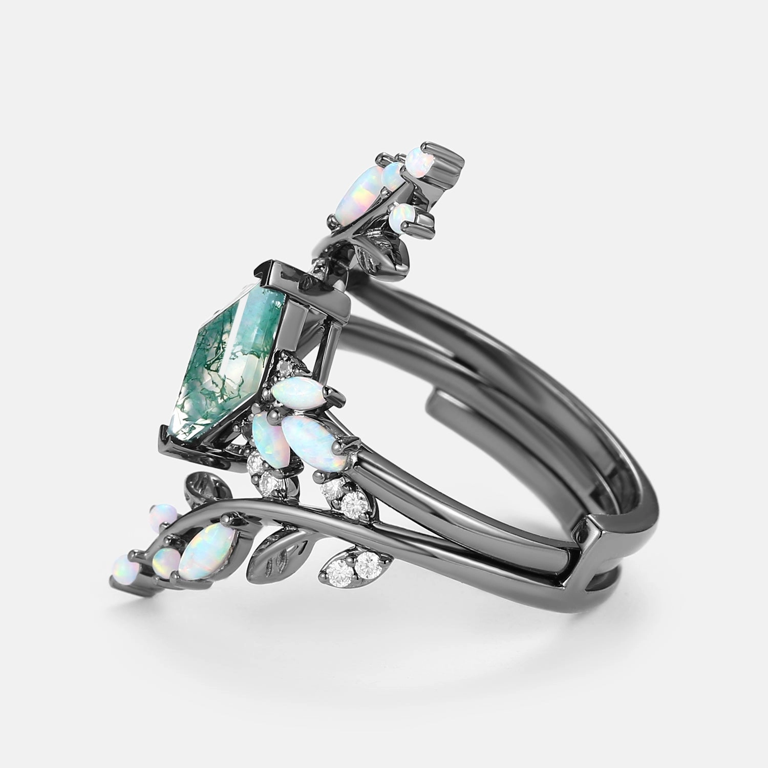 Everyday Essential Chic Glow Black Gold Moss Agate & Opal & Emerald Cage Leafy Engagement Ring 2pcs - Knight