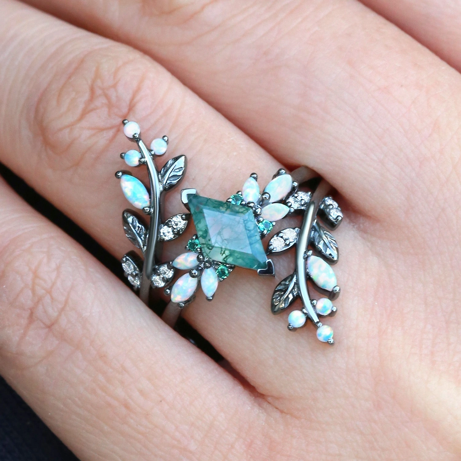 Black Gold Moss Agate & Opal & Emerald Cage Leafy Engagement Ring 2pcs - Knight Bold Accent