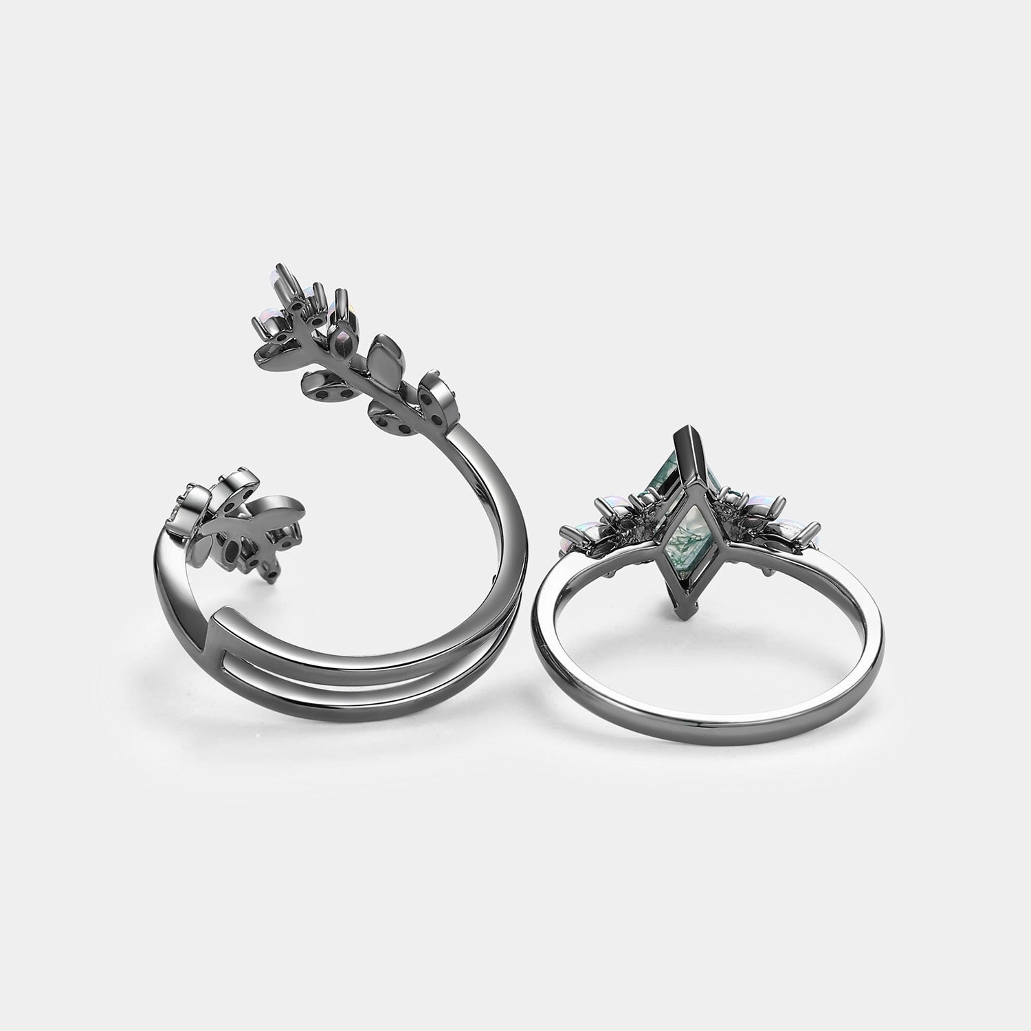 Clean Spark Black Gold Moss Agate & Opal & Emerald Cage Leafy Engagement Ring 2pcs - Knight