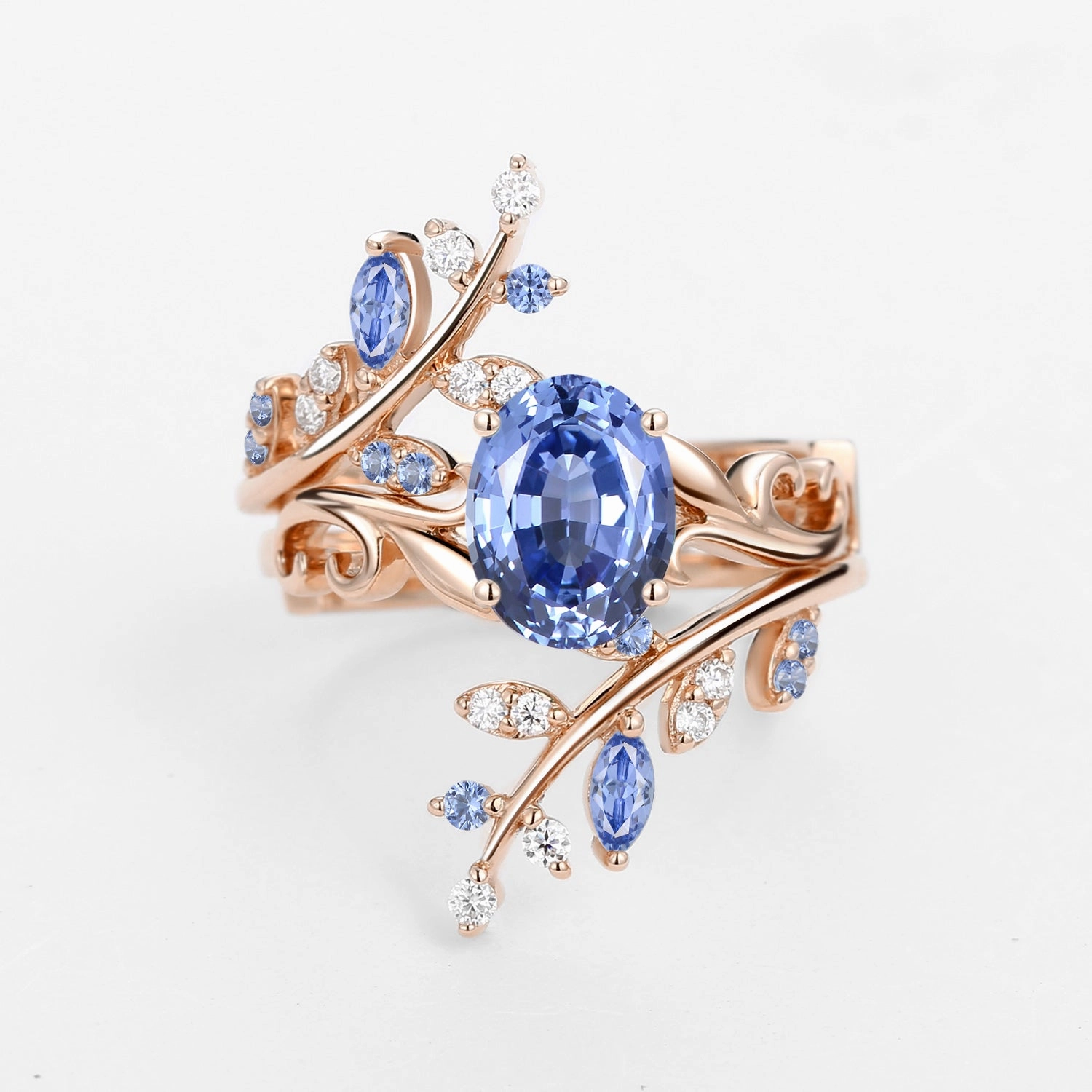 Black Gold Oval Shaped Lab Cornflower Blue Sapphire Engagement Ring Sets Classic Detailing Vintage Detail