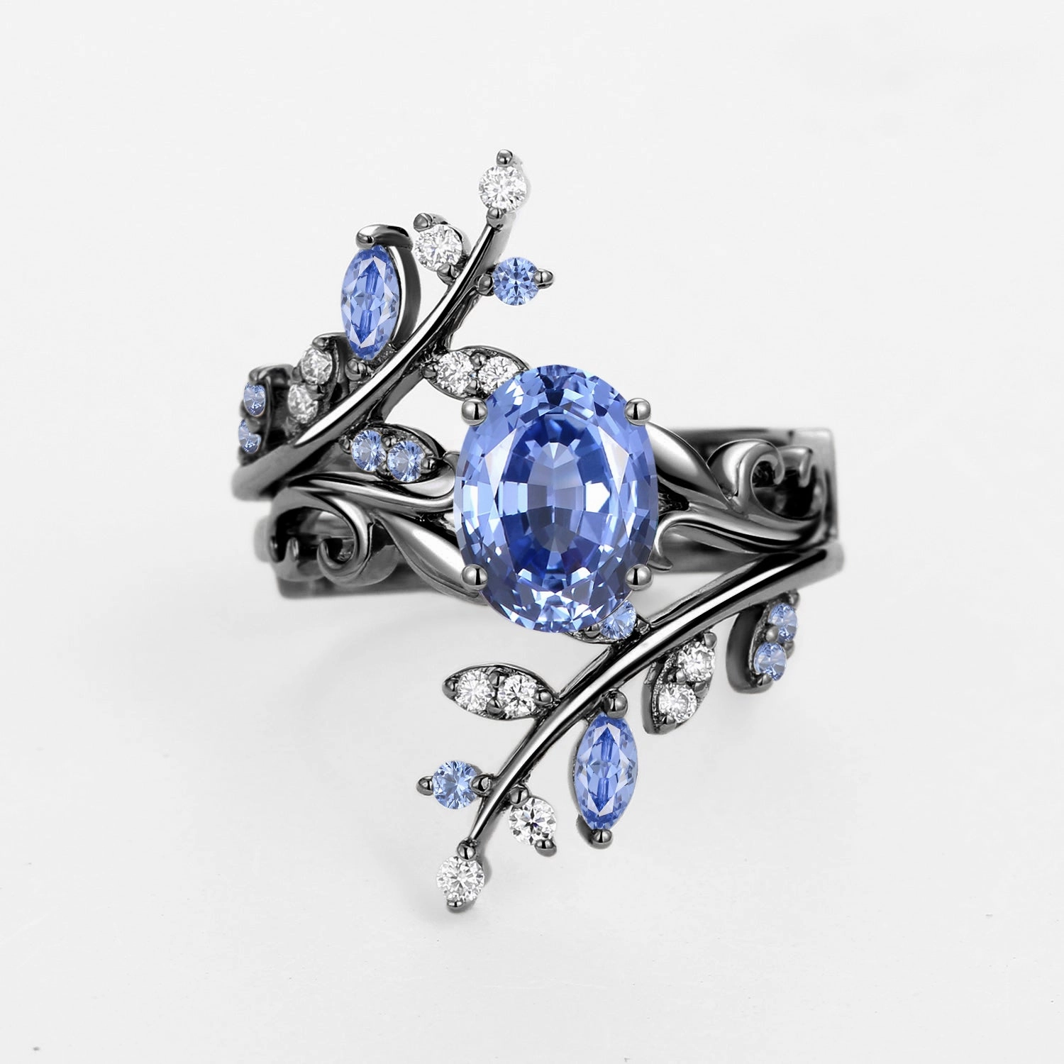 Refined Glow Timeless Style Black Gold Oval Shaped Lab Cornflower Blue Sapphire Engagement Ring Sets