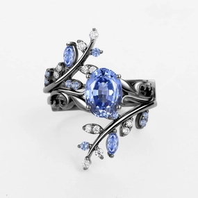 Refined Glow Timeless Style Black Gold Oval Shaped Lab Cornflower Blue Sapphire Engagement Ring Sets