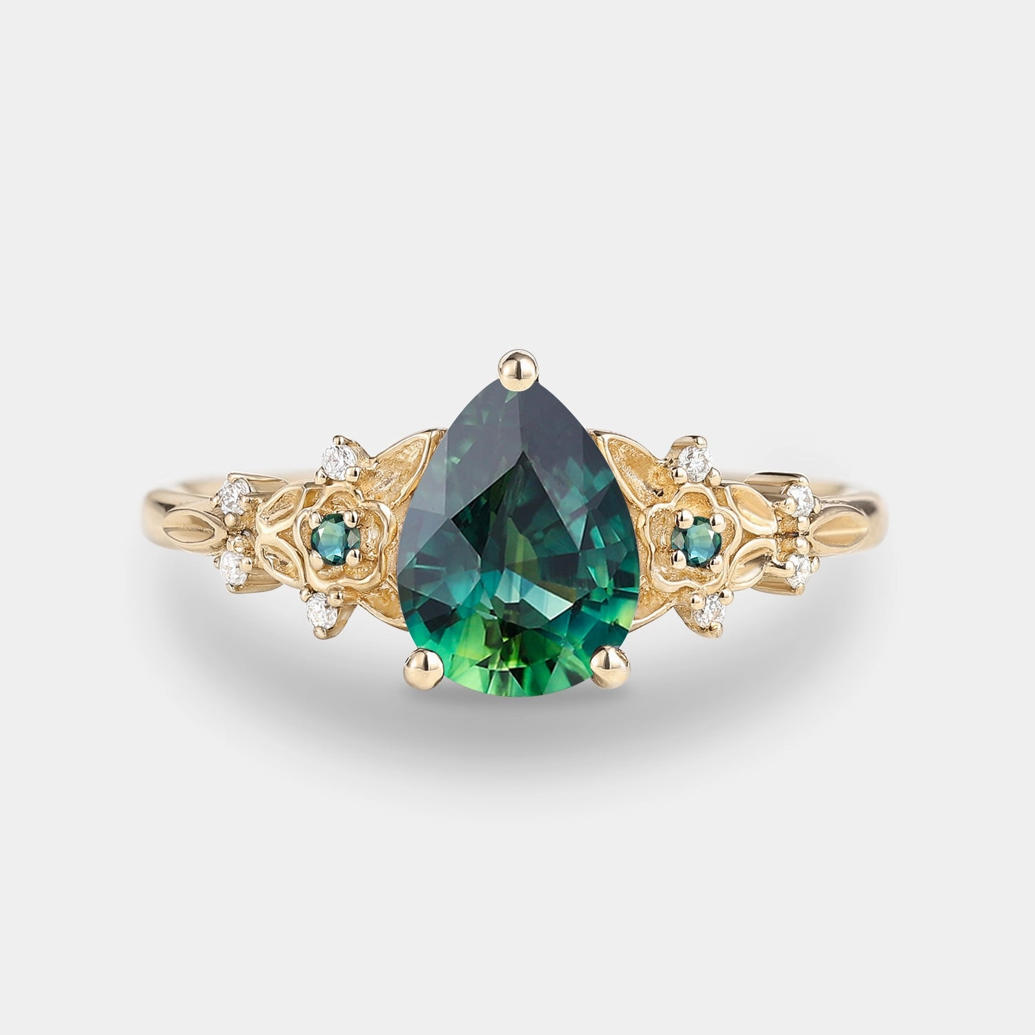 Black Gold Pear Shaped Teal Sapphire Flower Engagement Ring Office Vibe