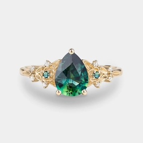 Black Gold Pear Shaped Teal Sapphire Flower Engagement Ring Office Vibe