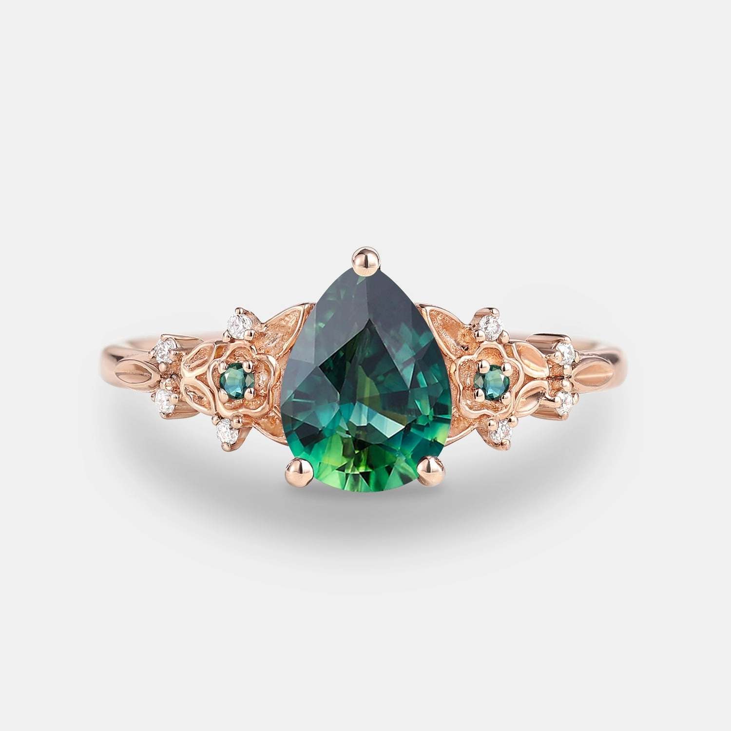 Black Gold Pear Shaped Teal Sapphire Flower Engagement Ring Creative Design