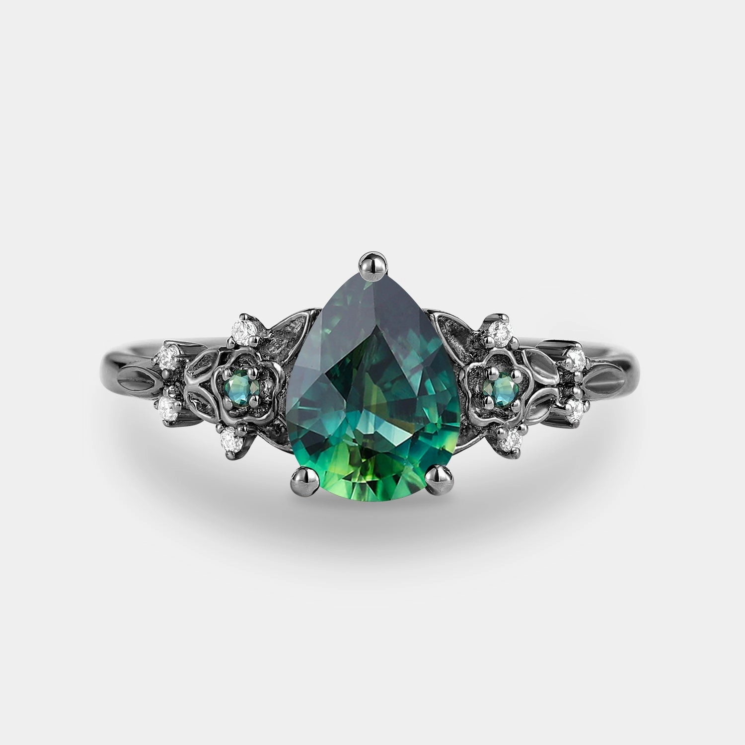 Black Gold Pear Shaped Teal Sapphire Flower Engagement Ring Quiet Grace