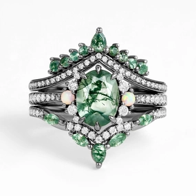 Romantic Accent Exclusive Accessories Black Gold Unique Oval Cut Moss Agate Opal Engagement Ring Set 3pcs - Ethan