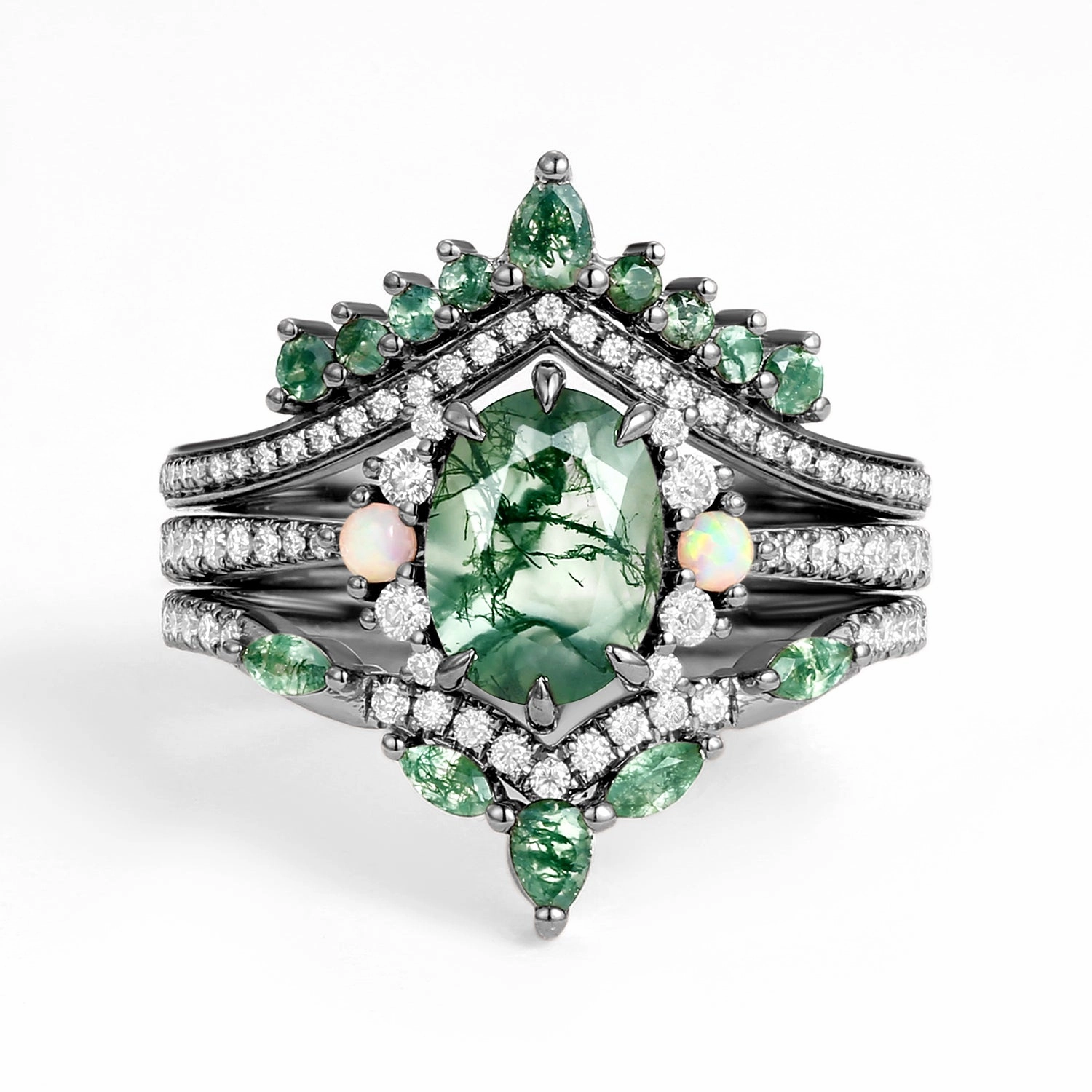 Effortless Match Black Gold Unique Oval Cut Moss Agate Opal Engagement Ring Set 3pcs - Ethan