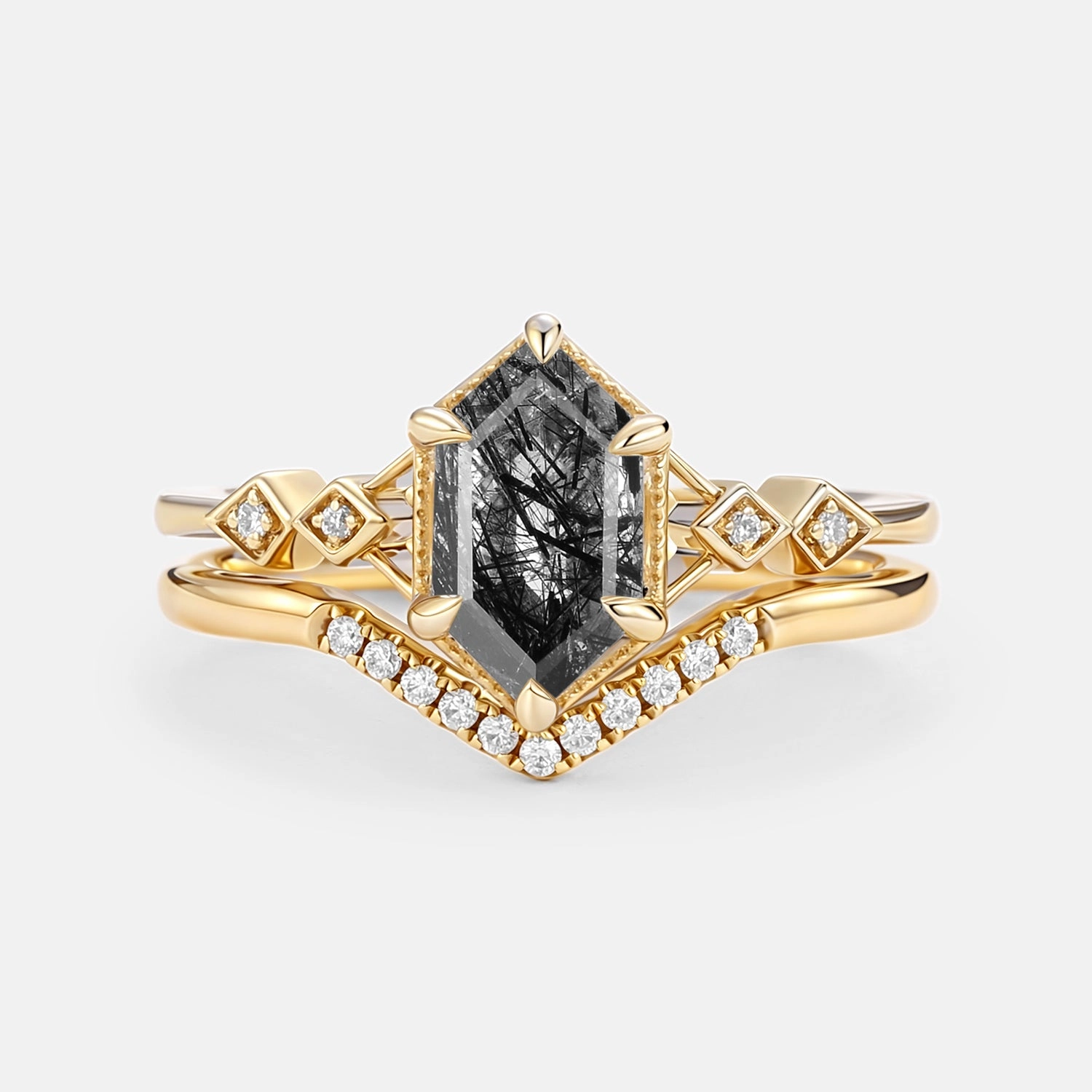 Seasonal Sparkle Black Rutilated Quartz Cluster Elongated Hexagon Engagement Ring Set 2pcs - Druk