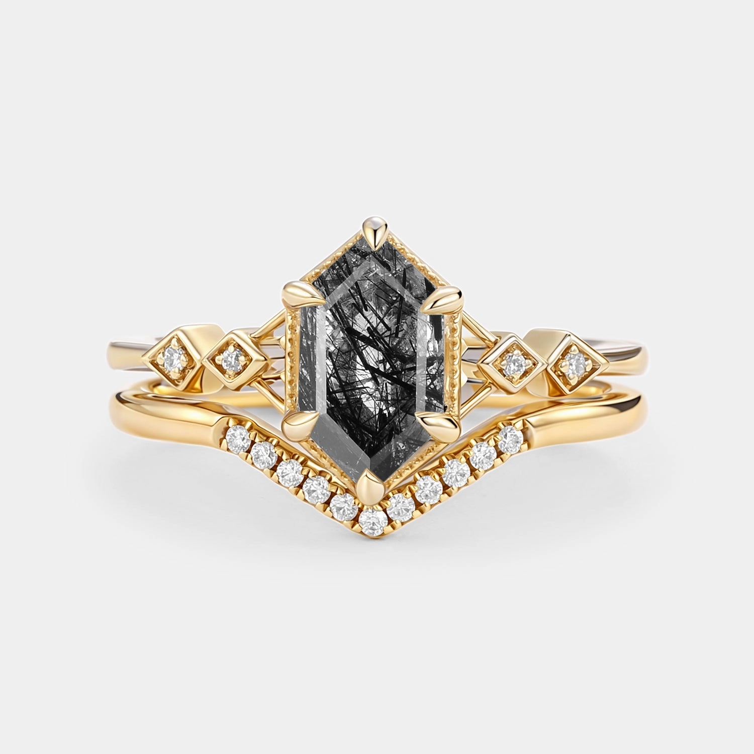 Black Rutilated Quartz Cluster Elongated Hexagon Engagement Ring Set 2pcs - Druk Shiny Glam Shiny Detail