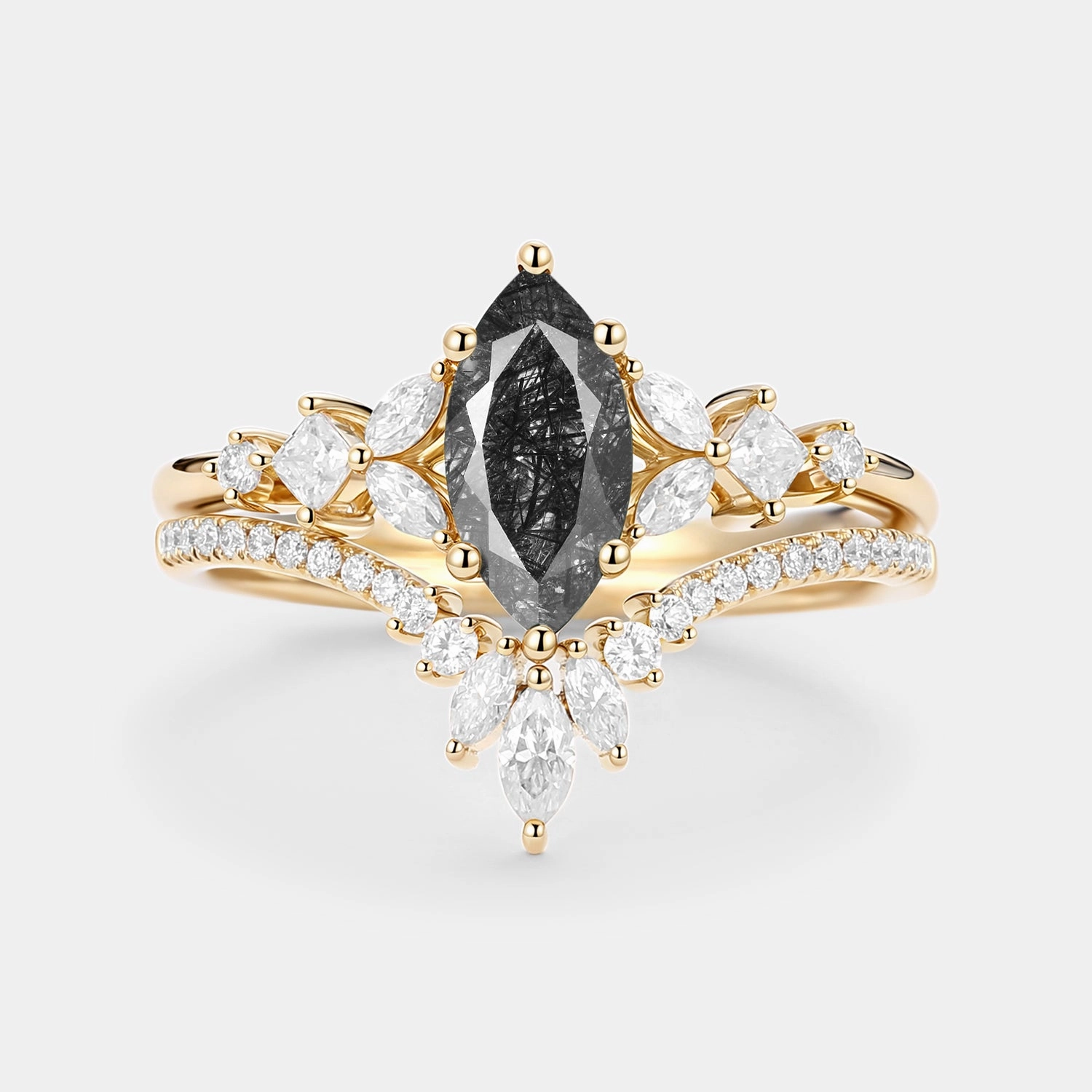 Black Rutilated Quartz Cluster Vintage Marquise Engagement Ring Set 2pcs - Lumenis Fashion Sparkle Opulent Craft